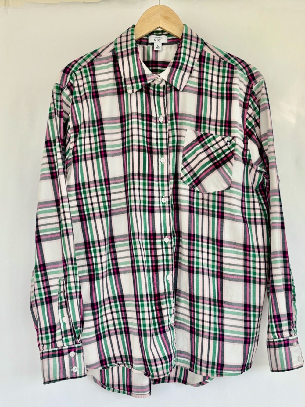 Crown & Ivy, size large, blue, green, pink plaid long sleeve shirt - Picture 2 of 6